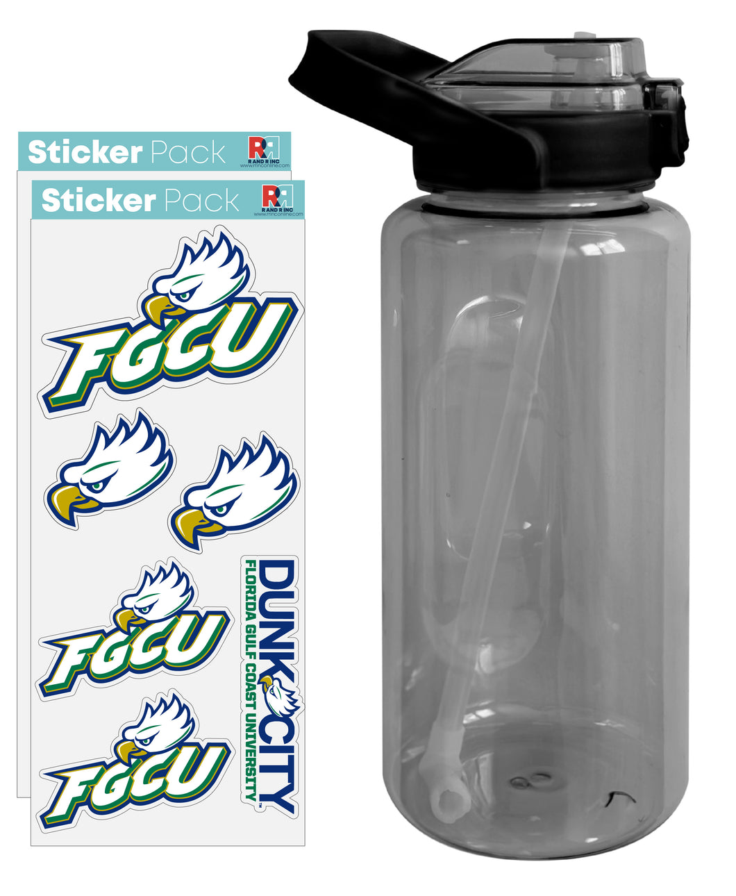 Florida Gulf Coast Eagles Waterproof Stickers with 64 oz Large Water Bottle with Screw-on Top and Straw Officially Licensed Product 4-Pack