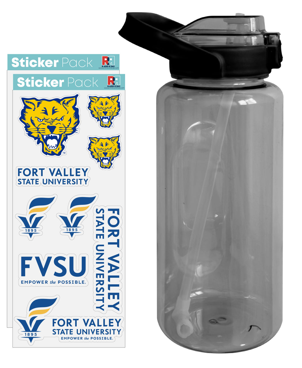 Fort Valley State University Waterproof Stickers with 64 oz Large Water Bottle with Screw-on Top and Straw Officially Licensed Product 4-Pack