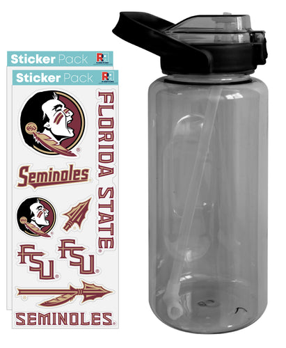 Florida State Seminoles Waterproof Stickers with 64 oz Large Water Bottle with Screw-on Top and Straw Officially Licensed Product Single