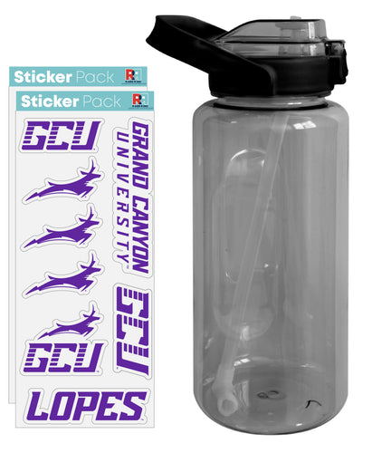 Grand Canyon University Lopes Waterproof Stickers with 64 oz Large Water Bottle with Screw-on Top and Straw Officially Licensed Product Single