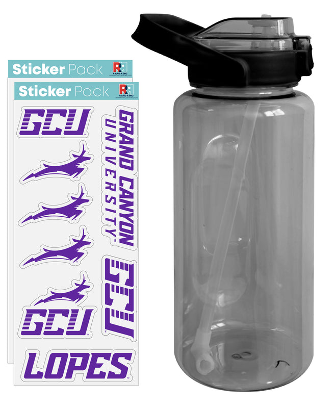 Grand Canyon University Lopes Waterproof Stickers with 64 oz Large Water Bottle with Screw-on Top and Straw Officially Licensed Product Single