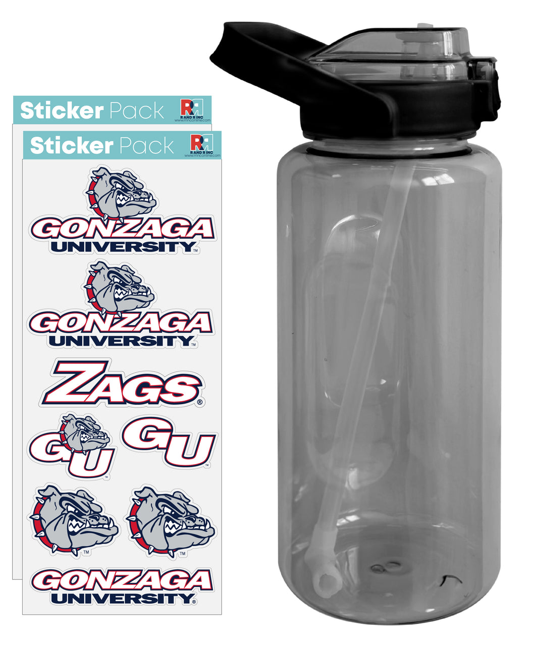 Gonzaga Bulldogs Waterproof Stickers with 64 oz Large Water Bottle with Screw-on Top and Straw Officially Licensed Product 4-Pack