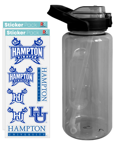 Hampton University Waterproof Stickers with 64 oz Large Water Bottle with Screw-on Top and Straw Officially Licensed Product Single