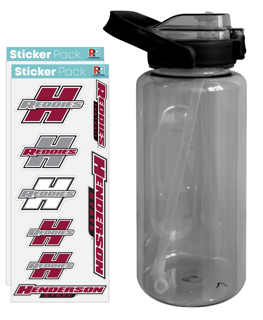 Henderson State Reddies Waterproof Stickers with 64 oz Large Water Bottle with Screw-on Top and Straw Officially Licensed Product Single