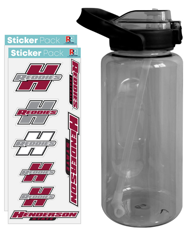 Henderson State Reddies Waterproof Stickers with 64 oz Large Water Bottle with Screw-on Top and Straw Officially Licensed Product Single