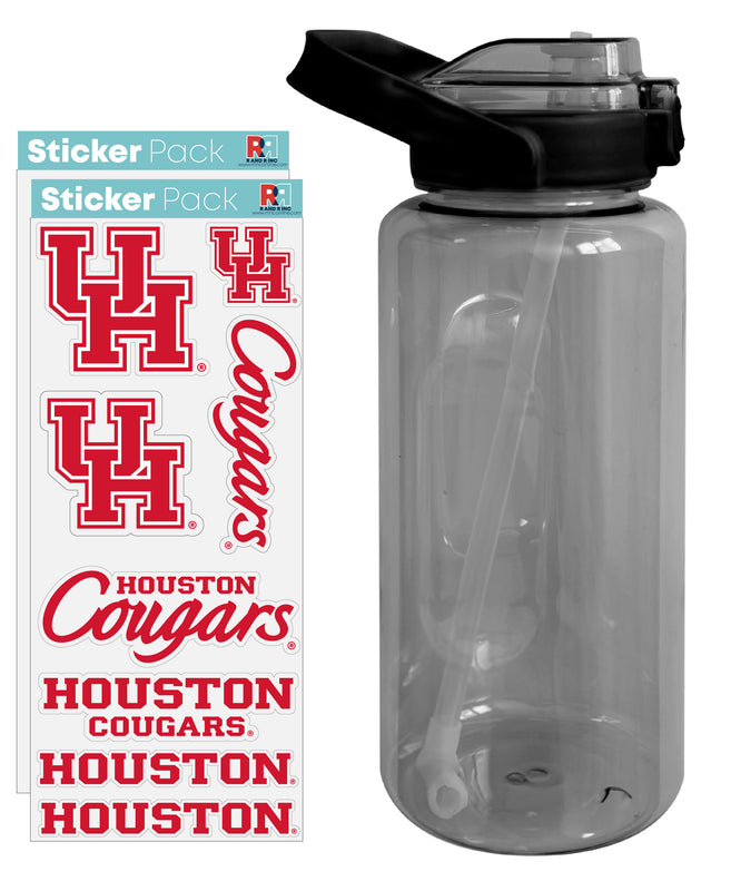 University of Houston Waterproof Stickers with 64 oz Large Water Bottle with Screw-on Top and Straw Officially Licensed Product 4-Pack