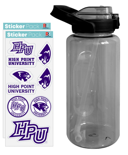 High Point University Waterproof Stickers with 64 oz Large Water Bottle with Screw-on Top and Straw Officially Licensed Product 2-Pack