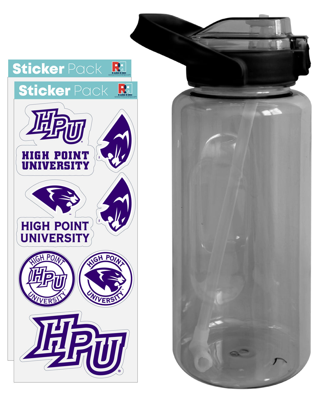 High Point University Waterproof Stickers with 64 oz Large Water Bottle with Screw-on Top and Straw Officially Licensed Product 2-Pack