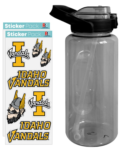 Idaho Vandals Waterproof Stickers with 64 oz Large Water Bottle with Screw-on Top and Straw Officially Licensed Product Single