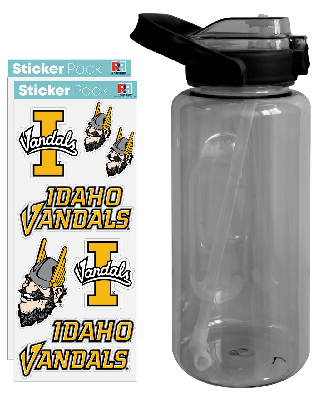 Idaho Vandals Waterproof Stickers with 64 oz Large Water Bottle with Screw-on Top and Straw Officially Licensed Product Single