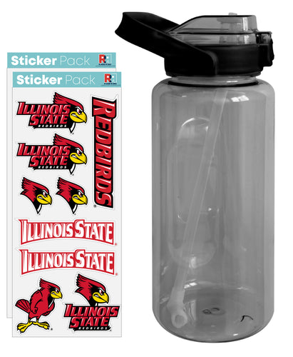 Illinois State Redbirds Waterproof Stickers with 64 oz Large Water Bottle with Screw-on Top and Straw Officially Licensed Product Single