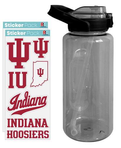Indiana Hoosiers Waterproof Stickers with 64 oz Large Water Bottle with Screw-on Top and Straw Officially Licensed Product 4-Pack