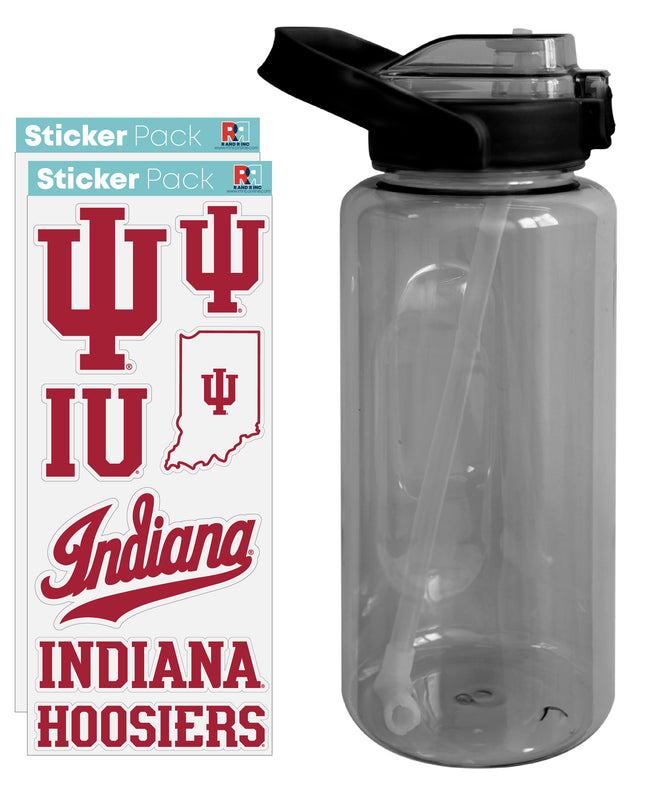 Indiana Hoosiers Waterproof Stickers with 64 oz Large Water Bottle with Screw-on Top and Straw Officially Licensed Product 4-Pack