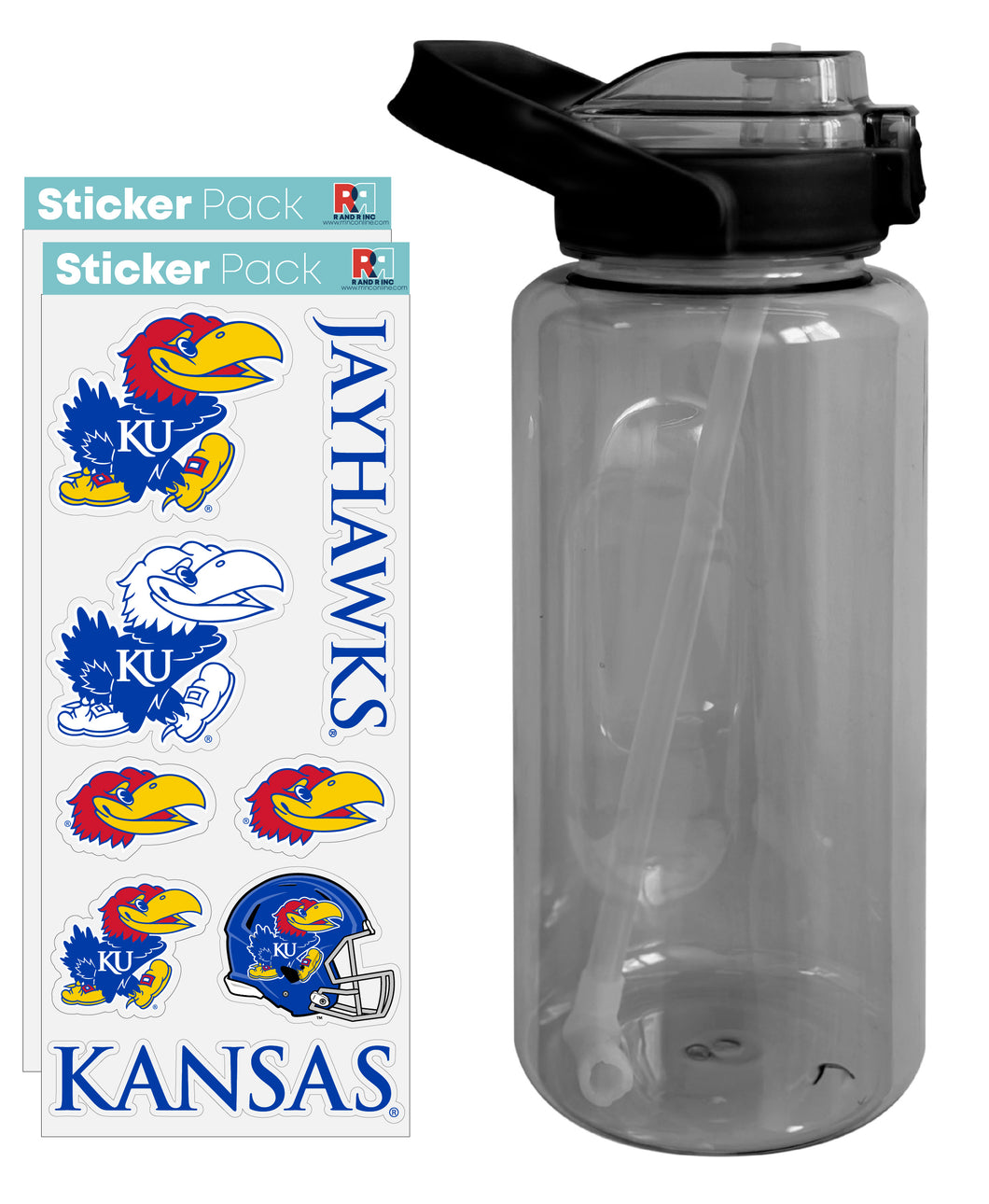 Kansas Jayhawks Waterproof Stickers with 64 oz Large Water Bottle with Screw-on Top and Straw Officially Licensed Product Single
