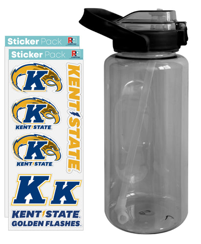 Kent State University Waterproof Stickers with 64 oz Large Water Bottle with Screw-on Top and Straw Officially Licensed Product Single