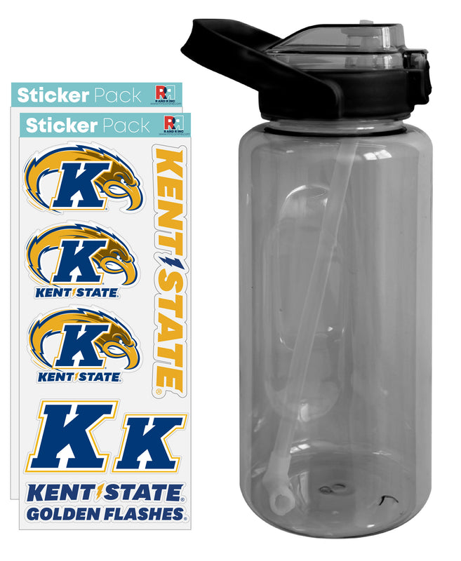 Kent State University Waterproof Stickers with 64 oz Large Water Bottle with Screw-on Top and Straw Officially Licensed Product Single