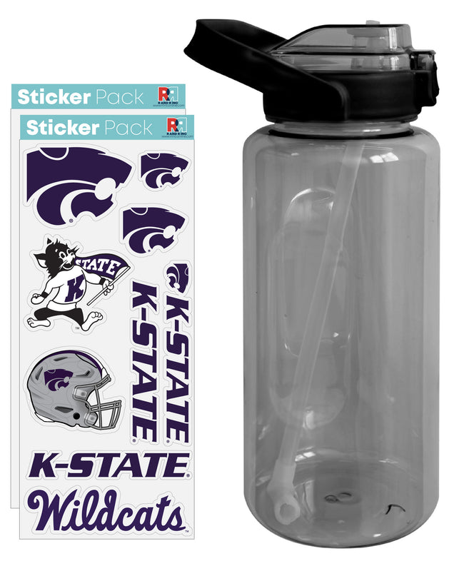 Kansas State Wildcats Waterproof Stickers with 64 oz Large Water Bottle with Screw-on Top and Straw Officially Licensed Product Single