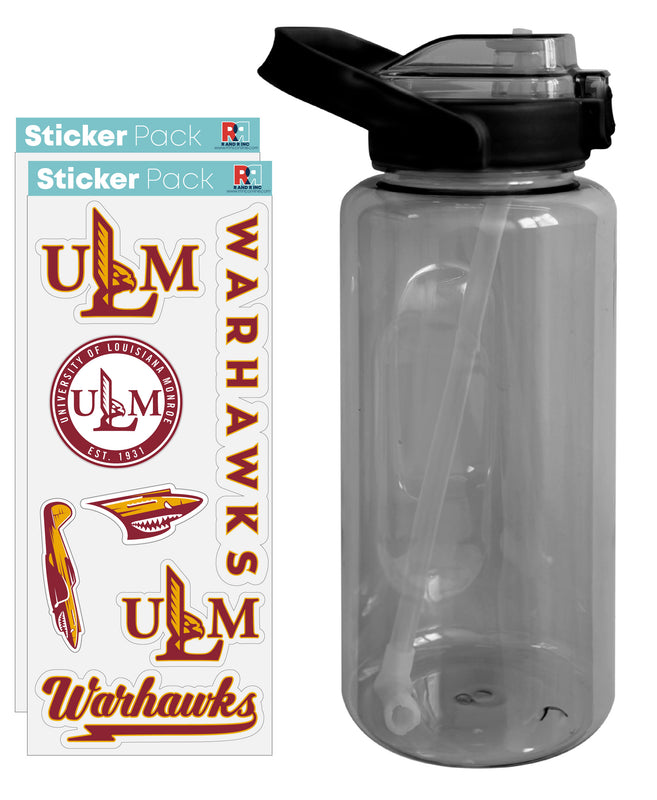University of Louisiana Monroe Waterproof Stickers with 64 oz Large Water Bottle with Screw-on Top and Straw Officially Licensed Product Single