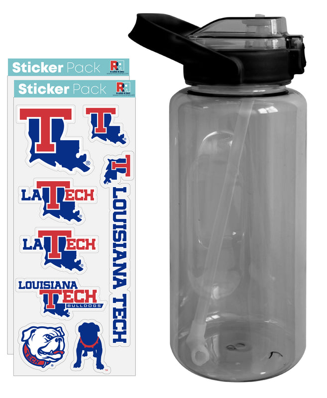 Louisiana Tech Bulldogs Waterproof Stickers with 64 oz Large Water Bottle with Screw-on Top and Straw Officially Licensed Product Single
