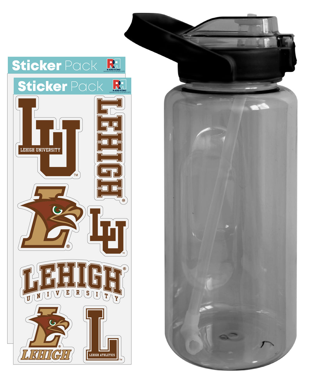 Lehigh University Mountain Hawks Waterproof Stickers with 64 oz Large Water Bottle with Screw-on Top and Straw Officially Licensed Product Single