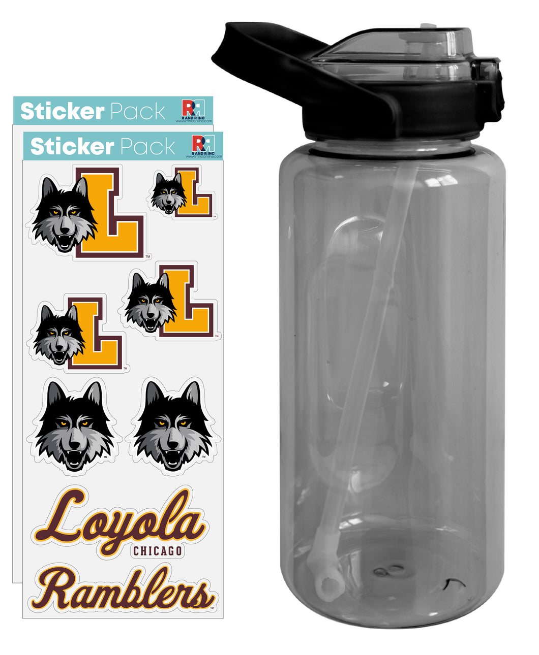 Loyola University Ramblers Waterproof Stickers with 64 oz Large Water Bottle with Screw-on Top and Straw Officially Licensed Product Single