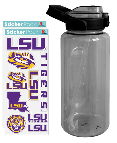 LSU Tigers Waterproof Stickers with 64 oz Large Water Bottle with Screw-on Top and Straw Officially Licensed Product 2-Pack