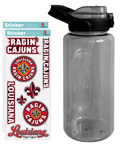 Louisiana at Lafayette Ragin' Cajuns Waterproof Stickers with 64 oz Large Water Bottle with Screw-on Top and Straw Officially Licensed Product Single