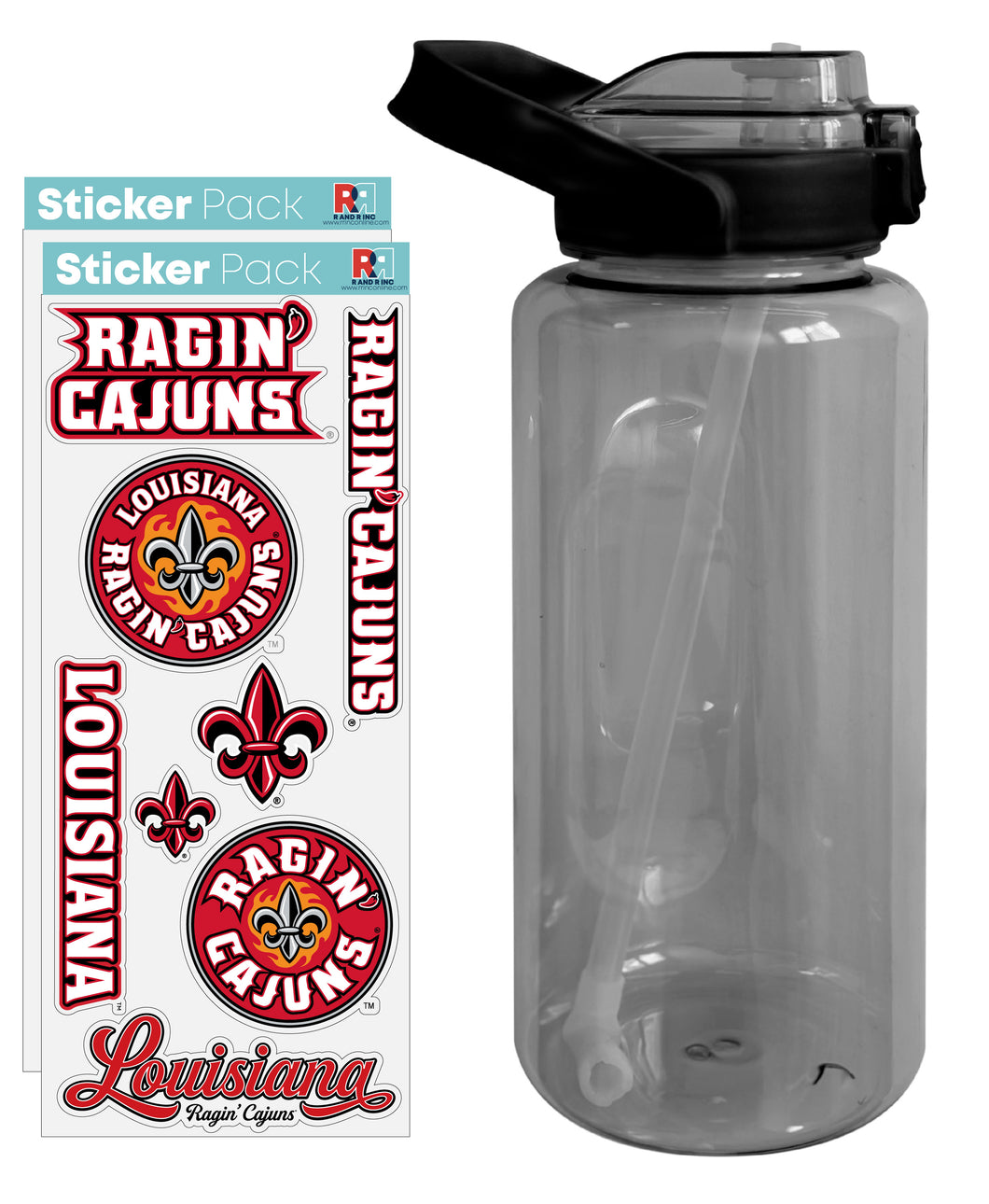 Louisiana at Lafayette Ragin' Cajuns Waterproof Stickers with 64 oz Large Water Bottle with Screw-on Top and Straw Officially Licensed Product Single
