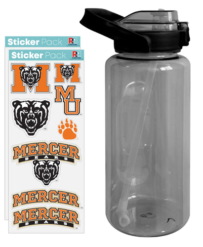 Mercer University Waterproof Stickers with 64 oz Large Water Bottle with Screw-on Top and Straw Officially Licensed Product Single
