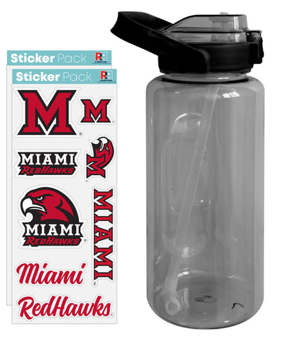 Miami University of Ohio Waterproof Stickers with 64 oz Large Water Bottle with Screw-on Top and Straw Officially Licensed Product Single