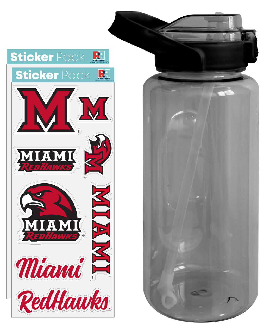 Miami University of Ohio Waterproof Stickers with 64 oz Large Water Bottle with Screw-on Top and Straw Officially Licensed Product Single