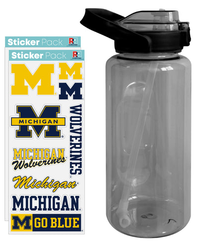 Michigan Wolverines Waterproof Stickers with 64 oz Large Water Bottle with Screw-on Top and Straw Officially Licensed Product Single