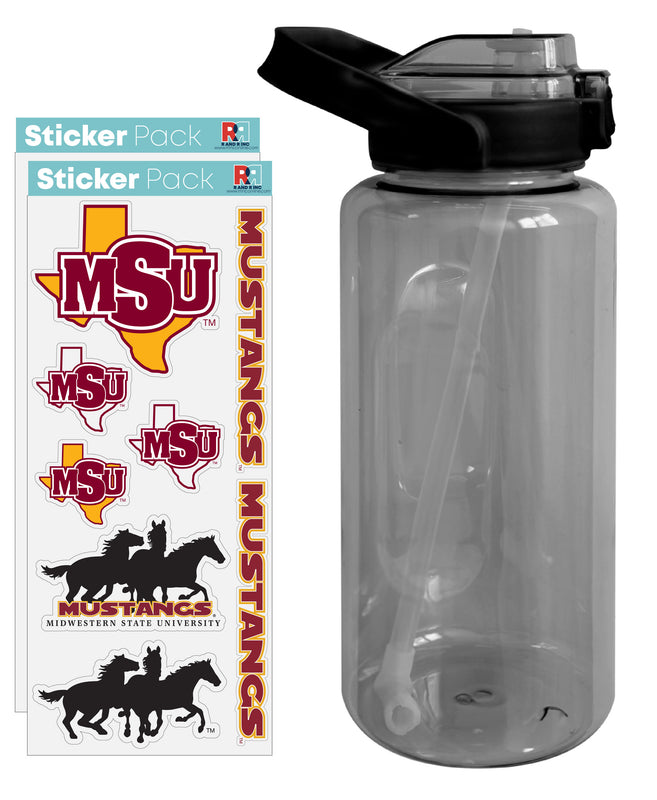 Midwestern State University Mustangs Waterproof Stickers with 64 oz Large Water Bottle with Screw-on Top and Straw Officially Licensed Product 2-Pack