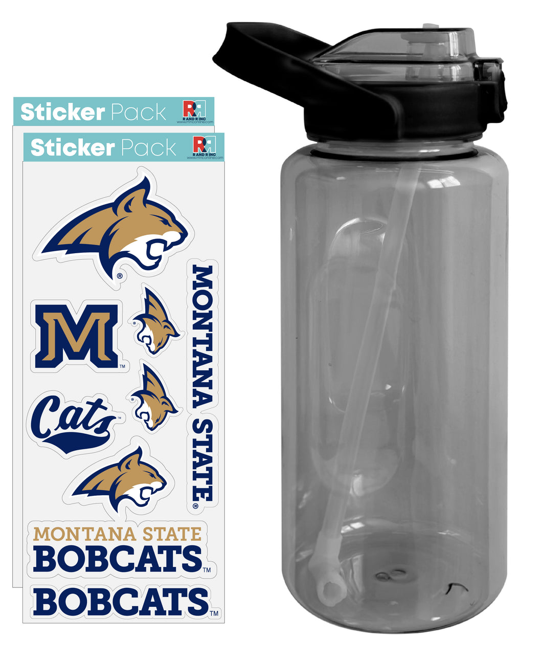 Montana State Bobcats Waterproof Stickers with 64 oz Large Water Bottle with Screw-on Top and Straw Officially Licensed Product 2-Pack