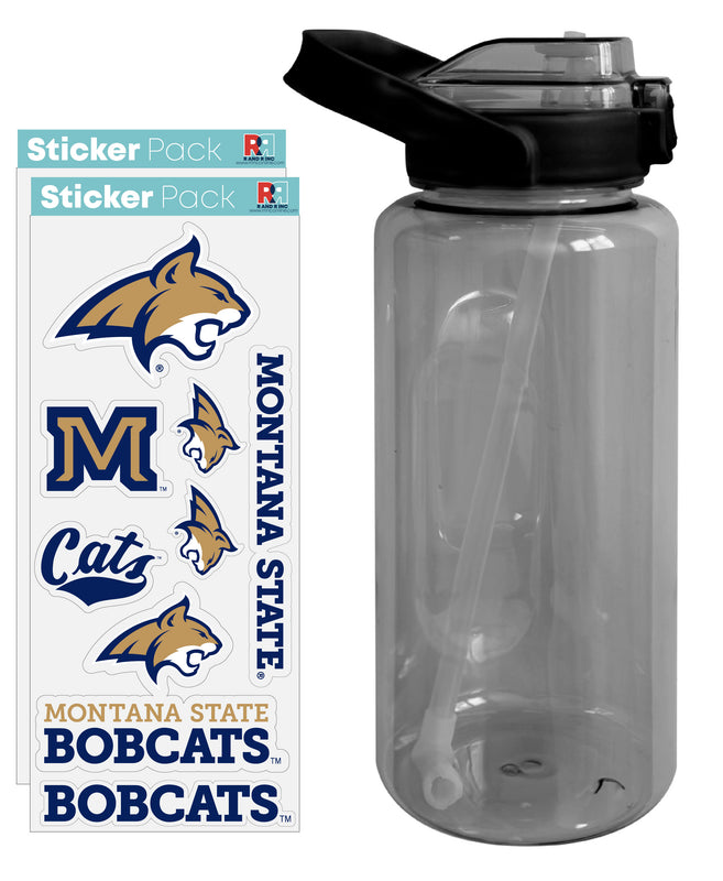 Montana State Bobcats Waterproof Stickers with 64 oz Large Water Bottle with Screw-on Top and Straw Officially Licensed Product 2-Pack