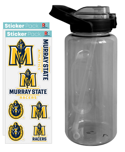 Murray State University Waterproof Stickers with 64 oz Large Water Bottle with Screw-on Top and Straw Officially Licensed Product Single