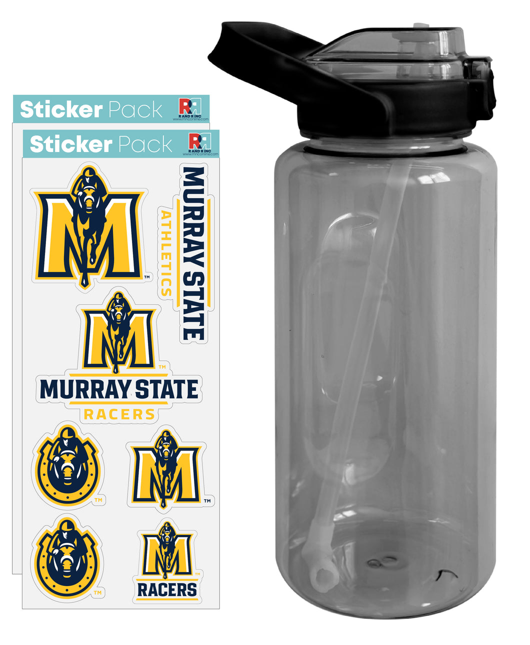 Murray State University Waterproof Stickers with 64 oz Large Water Bottle with Screw-on Top and Straw Officially Licensed Product Single