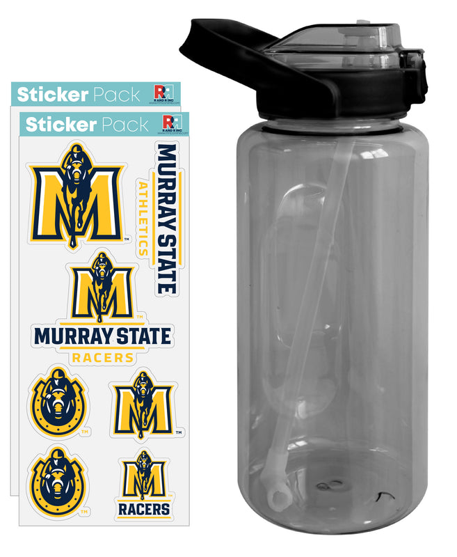 Murray State University Waterproof Stickers with 64 oz Large Water Bottle with Screw-on Top and Straw Officially Licensed Product Single