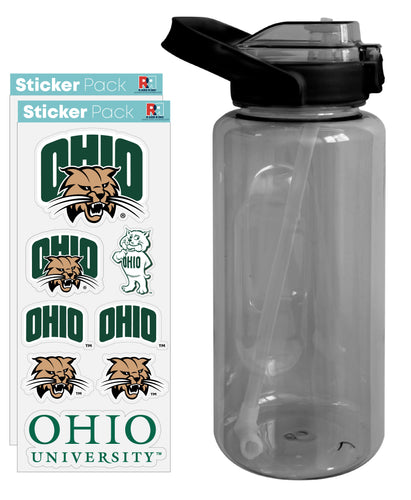 Ohio University Waterproof Stickers with 64 oz Large Water Bottle with Screw-on Top and Straw Officially Licensed Product Single