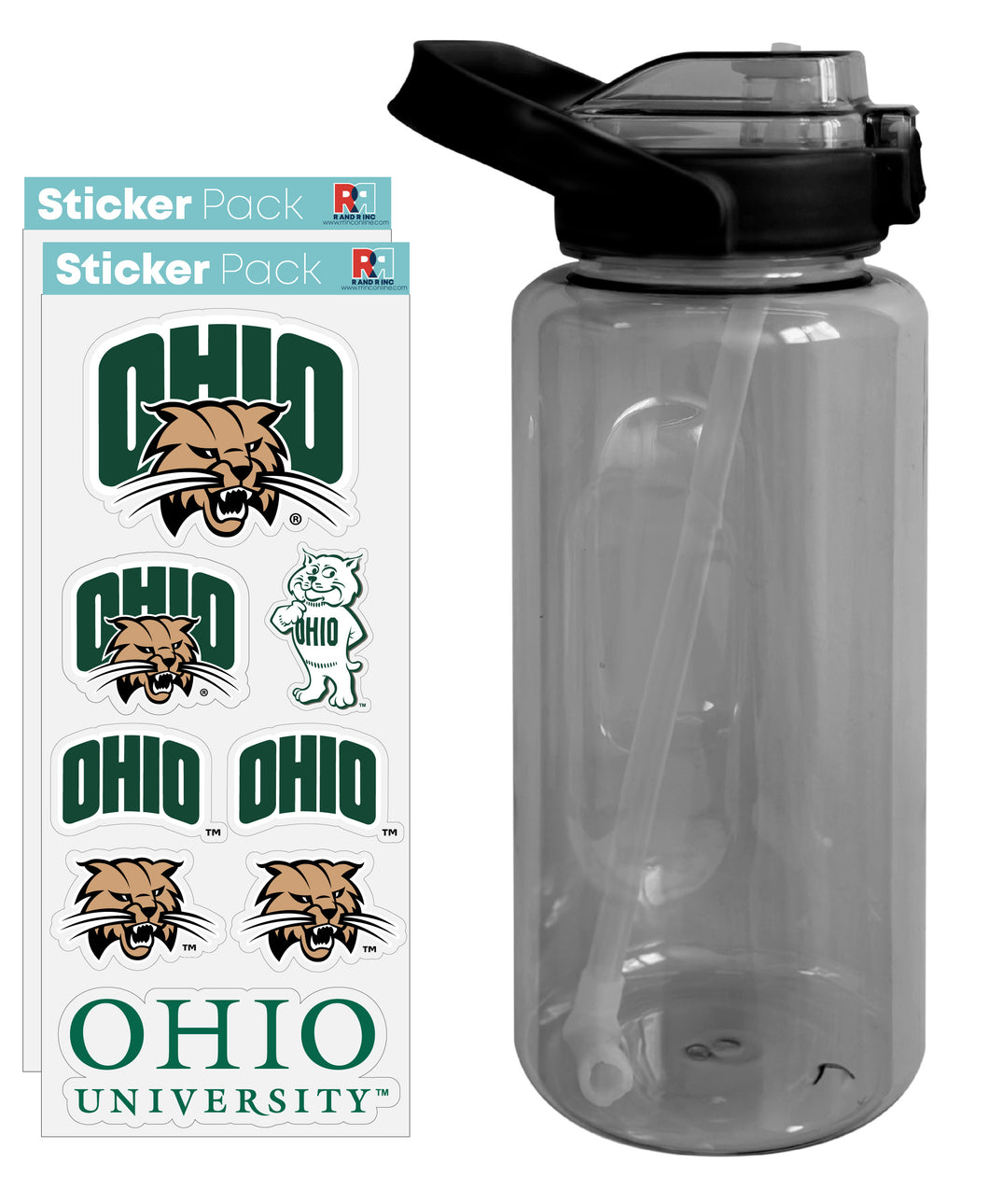 Ohio University Waterproof Stickers with 64 oz Large Water Bottle with Screw-on Top and Straw Officially Licensed Product Single