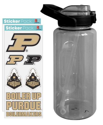 Purdue Boilermakers Waterproof Stickers with 64 oz Large Water Bottle with Screw-on Top and Straw Officially Licensed Product Single