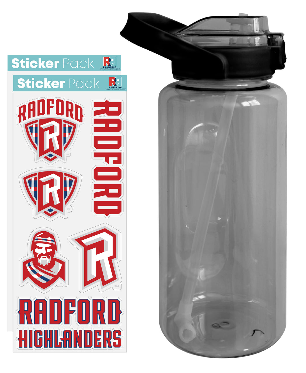 Radford University Highlanders Waterproof Stickers with 64 oz Large Water Bottle with Screw-on Top and Straw Officially Licensed Product 2-Pack
