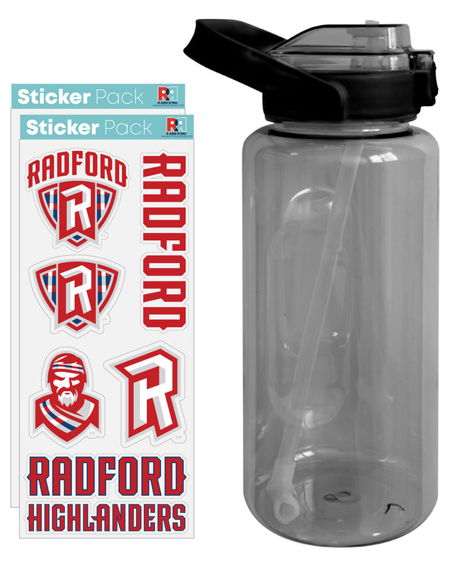 Radford University Highlanders Waterproof Stickers with 64 oz Large Water Bottle with Screw-on Top and Straw Officially Licensed Product 2-Pack