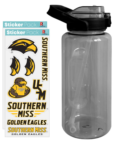 Southern Mississippi Golden Eagles Waterproof Stickers with 64 oz Large Water Bottle with Screw-on Top and Straw Officially Licensed Product Single