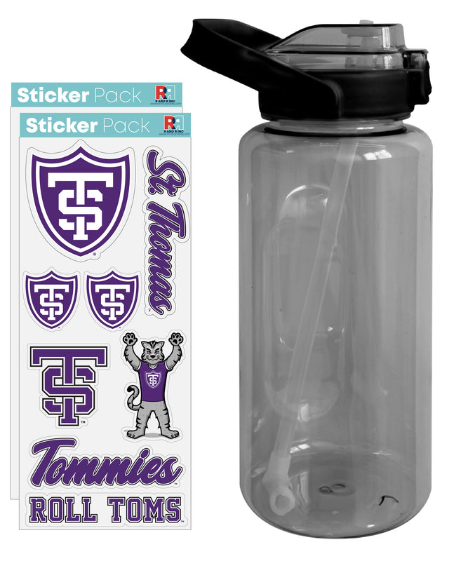 University of St. Thomas Waterproof Stickers with 64 oz Large Water Bottle with Screw-on Top and Straw Officially Licensed Product 2-Pack