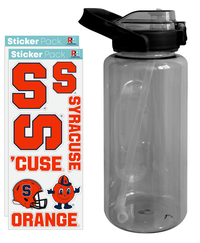 64 oz Large Water Bottle with Syracuse Orange Waterproof Stickers, Screw-on Top and Straw Officially Licensed Product