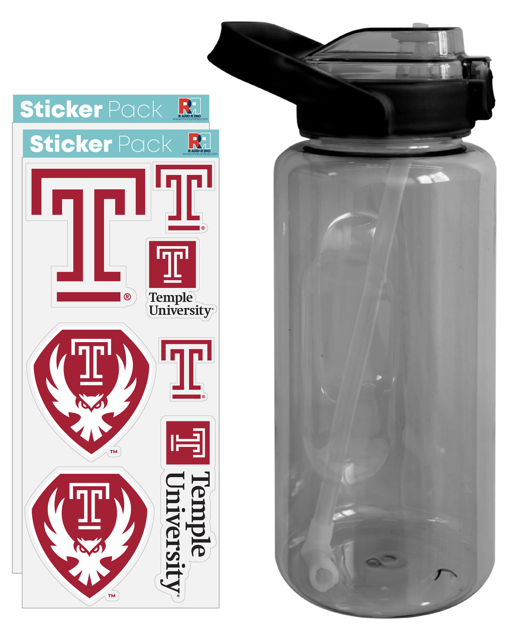 Temple University Waterproof Stickers with 64 oz Large Water Bottle with Screw-on Top and Straw Officially Licensed Product 2-Pack