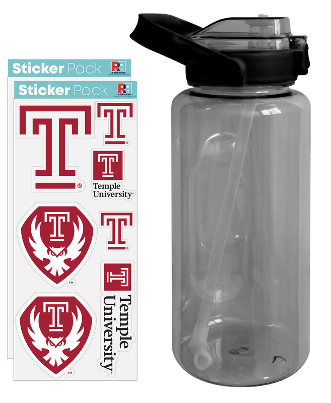 Temple University Waterproof Stickers with 64 oz Large Water Bottle with Screw-on Top and Straw Officially Licensed Product 2-Pack