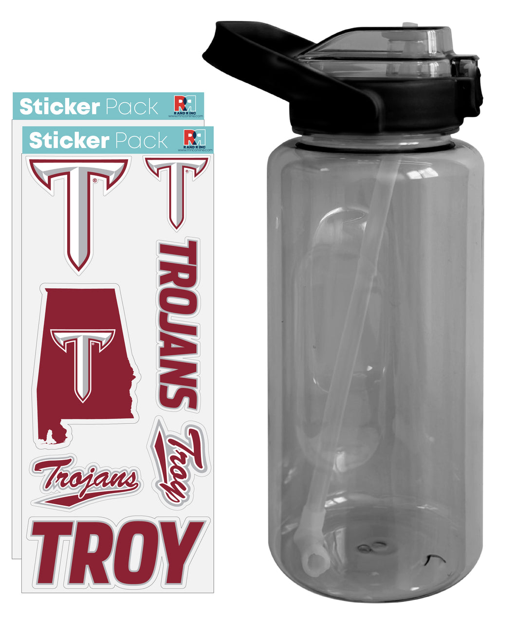 Troy University Waterproof Stickers with 64 oz Large Water Bottle with Screw-on Top and Straw Officially Licensed Product Single