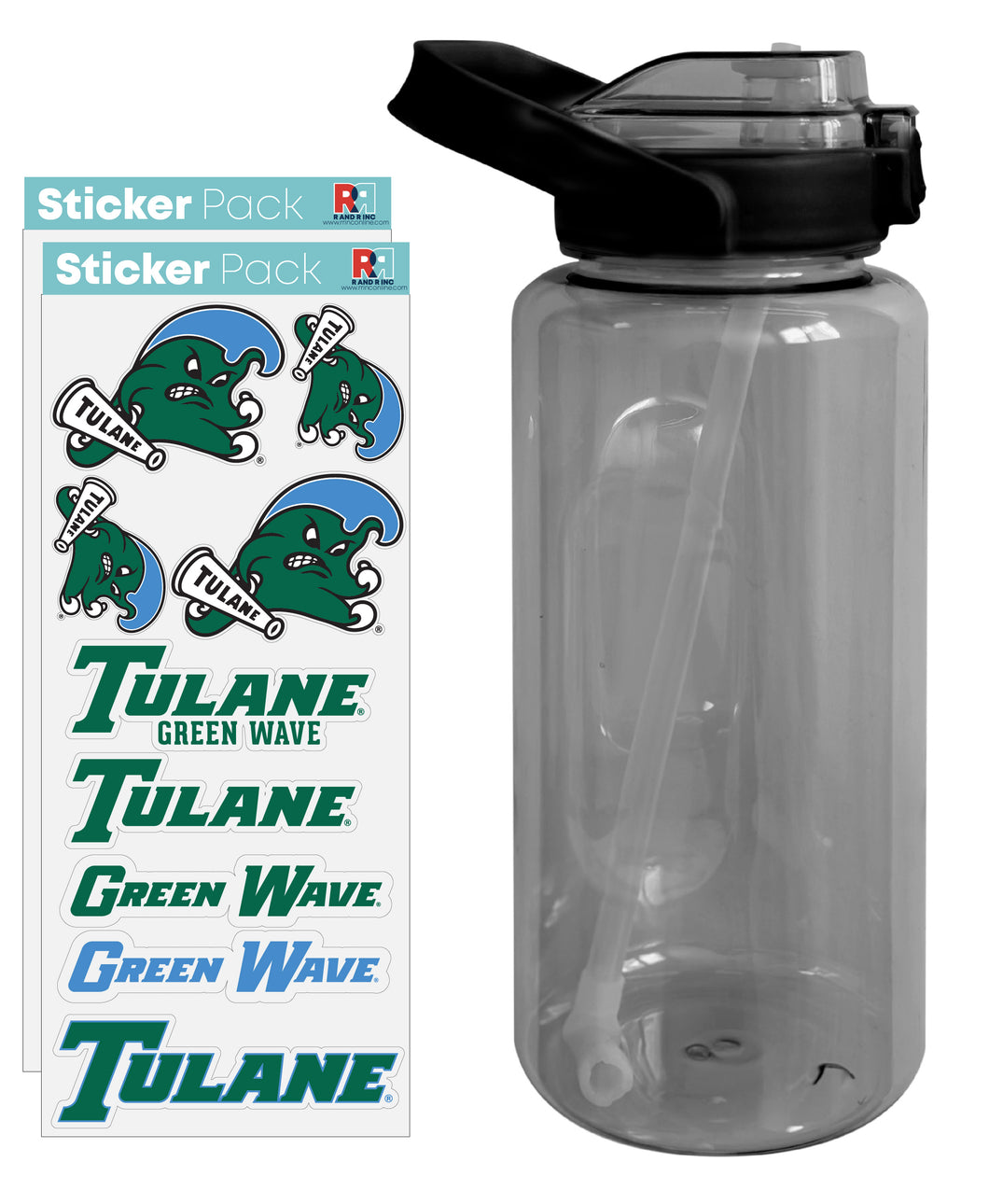 Tulane University Green Wave Waterproof Stickers with 64 oz Large Water Bottle with Screw-on Top and Straw Officially Licensed Product 4-Pack